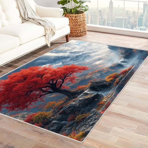 AMXBZC Waschbarer Modern Teppich Wohnzimmer Baum des Lebens Teppich Groß rutschfest Kurzflor Vintage Weich Teppiche, für Schlafzimmer Esszimmer Balkon Küchenteppich(rot)-210x300cm von AMXBZC