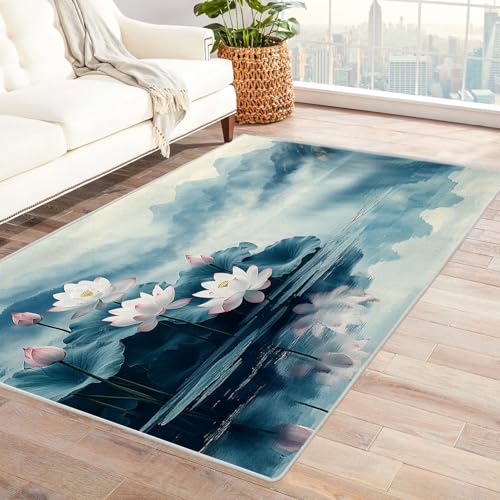 AMXBZC Waschbarer Modern Teppich Wohnzimmer Bergnebel Blumen Groß rutschfest Kurzflor Vintage Weich Teppiche, für Schlafzimmer Esszimmer Balkon Küchenteppich(blau)-150x240cm von AMXBZC