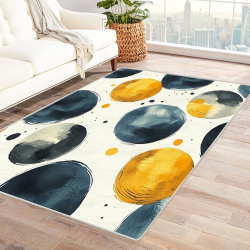 AMXBZC Waschbarer Modern Teppich Wohnzimmer Geometrischer Graffiti-Kreis Groß rutschfest Kurzflor Vintage Weich Teppiche, für Schlafzimmer Esszimmer Balkon Küchenteppich(blau)-120x150cm von AMXBZC