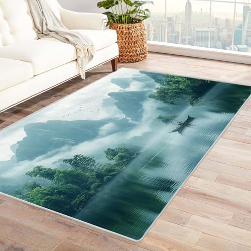 AMXBZC Waschbarer Modern Teppich Wohnzimmer Landschaftsmalerei Muster Groß rutschfest Kurzflor Vintage Weich Teppiche, für Schlafzimmer Esszimmer Balkon Küchenteppich(Grün 17)-240x300cm von AMXBZC