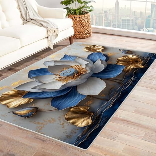 AMXBZC Waschbarer Modern Teppich Wohnzimmer Retro Geometrisches Muster Groß rutschfest Kurzflor Vintage Weich Teppiche, für Schlafzimmer Esszimmer Balkon Küchenteppich(Blau 7)-90x120cm von AMXBZC