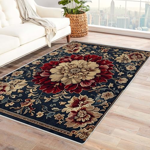 AMXBZC Waschbarer Modern Teppich Wohnzimmer Retro Schöne Blumen Groß rutschfest Kurzflor Vintage Weich Teppiche, für Schlafzimmer Esszimmer Balkon Küchenteppich(Rot 7)-210x300cm von AMXBZC