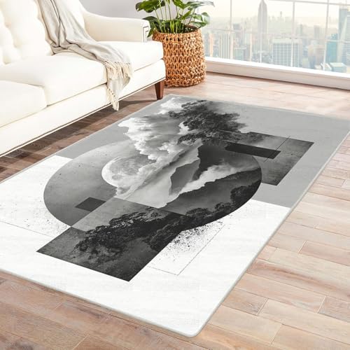 AMXBZC Waschbarer Modern Teppich Wohnzimmer Schwarz Weiß Einfacher Berg Groß rutschfest Kurzflor Vintage Weich Teppiche, für Schlafzimmer Esszimmer Balkon Küchenteppich(Grau 67)-150x210cm von AMXBZC