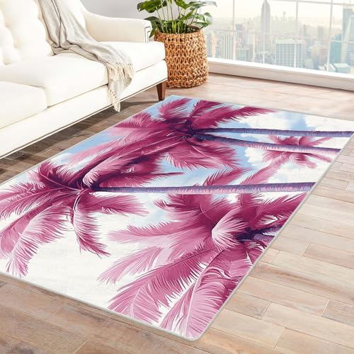 AMXBZC Waschbarer Modern Teppich Wohnzimmer Tropische Baumlandschaft Groß rutschfest Kurzflor Vintage Weich Teppiche, für Schlafzimmer Esszimmer Balkon Küchenteppich(Rosa)-210x300cm von AMXBZC