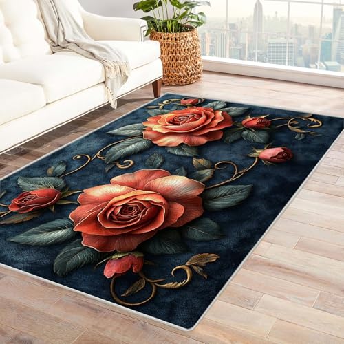 AMXBZC Waschbarer Modern Teppich Wohnzimmer Vintage Natürliche Blumen Groß rutschfest Kurzflor Vintage Weich Teppiche, für Schlafzimmer Esszimmer Balkon Küchenteppich(Rosa 7)-150x240cm von AMXBZC