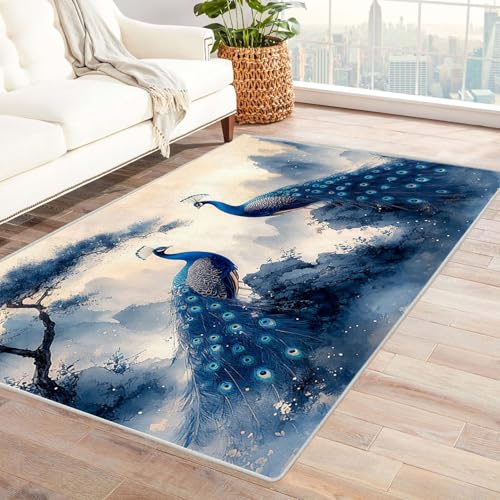 AMXBZC Waschbarer Modern Teppich Wohnzimmer Waldtier-Muster Groß rutschfest Kurzflor Vintage Weich Teppiche, für Schlafzimmer Esszimmer Balkon Küchenteppich(Blau 27)-150x180cm von AMXBZC