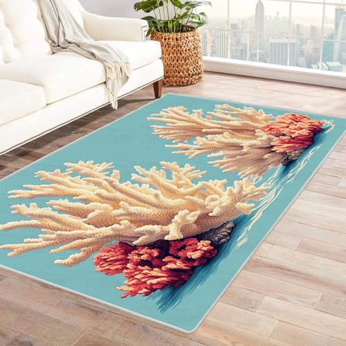 AMXBZC Wohnzimmerteppich mit Soft-Touch-Kurzflor Abstrakter Ocean Plant Teppich In & Outdoor Teppich Küchenteppich Terrassenteppich Muster Boho Moderne Deko(Orange)-120x150cm von AMXBZC