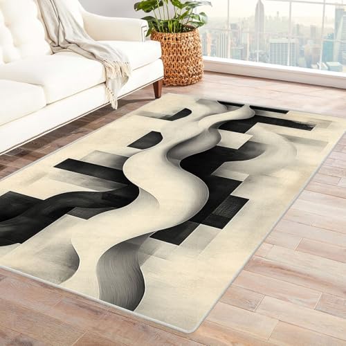 AMXBZC Wohnzimmerteppich mit Soft-Touch-Kurzflor Abstraktes Graffiti-Muster In & Outdoor Teppich Küchenteppich Terrassenteppich Muster Boho Moderne Deko(schwarz)-60x90cm von AMXBZC