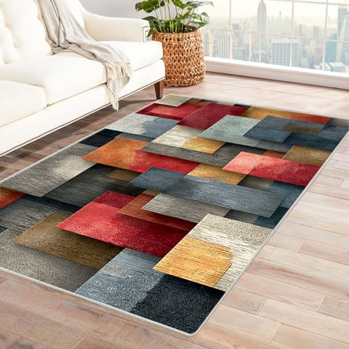 AMXBZC Wohnzimmerteppich mit Soft-Touch-Kurzflor Abstraktes buntes Muster In & Outdoor Teppich Küchenteppich Terrassenteppich Muster Boho Moderne Deko(rot)-180x240cm von AMXBZC