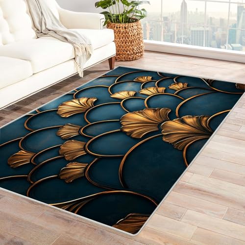 AMXBZC Wohnzimmerteppich mit Soft-Touch-Kurzflor Abstraktes goldblaues Muster In & Outdoor Teppich Küchenteppich Terrassenteppich Muster Boho Moderne Deko(Golden)-90x120cm von AMXBZC