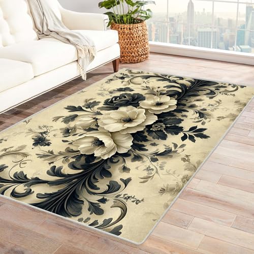 AMXBZC Wohnzimmerteppich mit Soft-Touch-Kurzflor Abstraktes weißes Blumenmuster In & Outdoor Teppich Küchenteppich Terrassenteppich Muster Boho Moderne Deko(schwarz)-90x120cm von AMXBZC