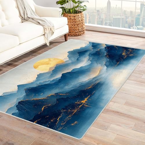 AMXBZC Wohnzimmerteppich mit Soft-Touch-Kurzflor Berg-Sonnenuntergangs-Szenerie In & Outdoor Teppich Küchenteppich Terrassenteppich Muster Boho Moderne Deko(blau)-240x300cm von AMXBZC