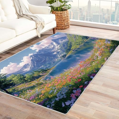 AMXBZC Wohnzimmerteppich mit Soft-Touch-Kurzflor Bergpflanzen Blumen In & Outdoor Teppich Küchenteppich Terrassenteppich Muster Boho Moderne Deko(grün)-150x210cm von AMXBZC