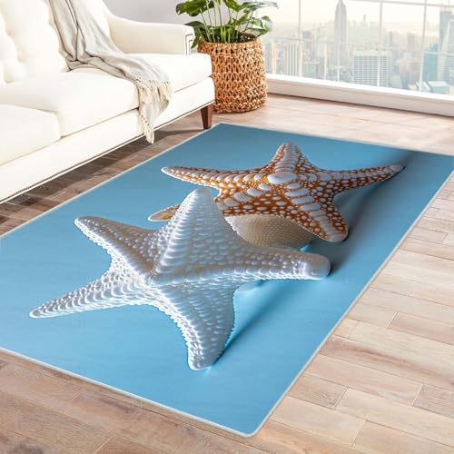 AMXBZC Wohnzimmerteppich mit Soft-Touch-Kurzflor Einfacher Teppich mit Strandmuster In & Outdoor Teppich Küchenteppich Terrassenteppich Muster Boho Moderne Deko(Weiß)-150x210cm von AMXBZC