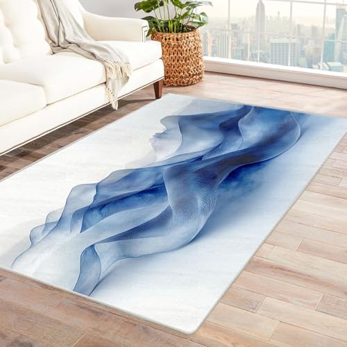 AMXBZC Wohnzimmerteppich mit Soft-Touch-Kurzflor Einfacher Teppich mit abstraktem Muster In & Outdoor Teppich Küchenteppich Terrassenteppich Muster Boho Moderne Deko(blau)-60x90cm von AMXBZC