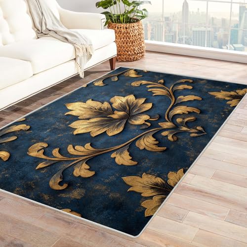 AMXBZC Wohnzimmerteppich mit Soft-Touch-Kurzflor Floraler Abstrakter Teppich In & Outdoor Teppich Küchenteppich Terrassenteppich Muster Boho Moderne Deko(Gold 10)-90x150cm von AMXBZC