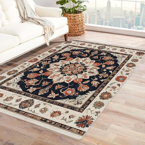 AMXBZC Wohnzimmerteppich mit Soft-Touch-Kurzflor Französisches Blumenmuster In & Outdoor Teppich Küchenteppich Terrassenteppich Muster Boho Moderne Deko(Orange 10)-150x210cm von AMXBZC