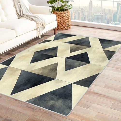 AMXBZC Wohnzimmerteppich mit Soft-Touch-Kurzflor Geometrisches Retro-Muster In & Outdoor Teppich Küchenteppich Terrassenteppich Muster Boho Moderne Deko(grau)-120x150cm von AMXBZC