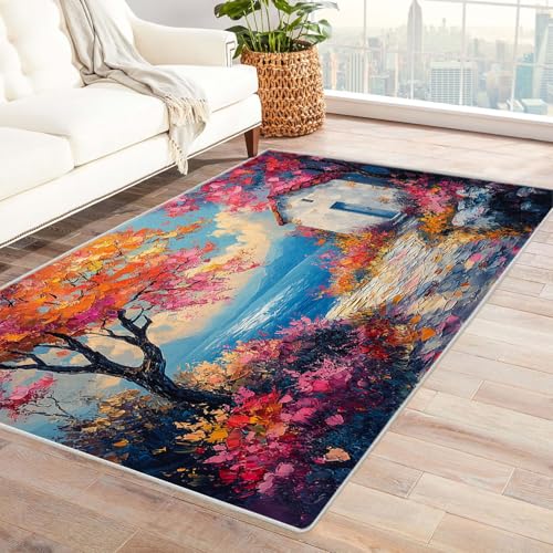 AMXBZC Wohnzimmerteppich mit Soft-Touch-Kurzflor Graffiti Baum Szenerie In & Outdoor Teppich Küchenteppich Terrassenteppich Muster Boho Moderne Deko(lila)-90x120cm von AMXBZC