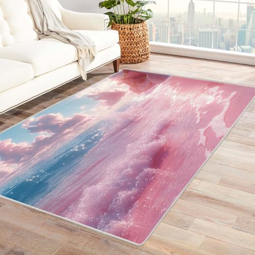 AMXBZC Wohnzimmerteppich mit Soft-Touch-Kurzflor Lila Beach Sunset Teppich In & Outdoor Teppich Küchenteppich Terrassenteppich Muster Boho Moderne Deko(rosa)-210x270cm von AMXBZC