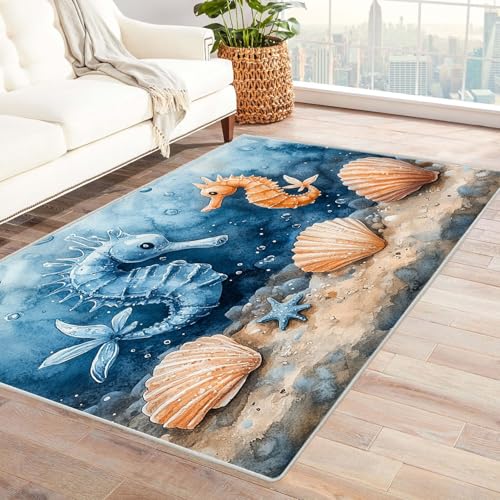 AMXBZC Wohnzimmerteppich mit Soft-Touch-Kurzflor Lustige Strandtier-Muscheln In & Outdoor Teppich Küchenteppich Terrassenteppich Muster Boho Moderne Deko(blau)-150x180cm von AMXBZC