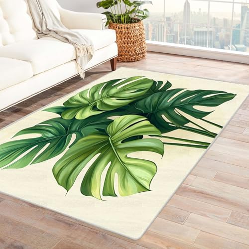 AMXBZC Wohnzimmerteppich mit Soft-Touch-Kurzflor Moderne Naturpflanzen In & Outdoor Teppich Küchenteppich Terrassenteppich Muster Boho Moderne Deko(grün)-150x210cm von AMXBZC
