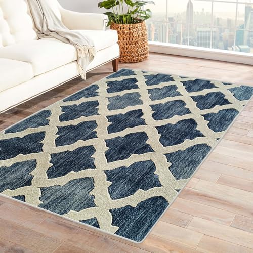 AMXBZC Wohnzimmerteppich mit Soft-Touch-Kurzflor Moderner Bohemian Teppich In & Outdoor Teppich Küchenteppich Terrassenteppich Muster Boho Moderne Deko(blau)-150x210cm von AMXBZC
