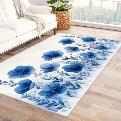 AMXBZC Wohnzimmerteppich mit Soft-Touch-Kurzflor Natürliche botanische Blumen In & Outdoor Teppich Küchenteppich Terrassenteppich Muster Boho Moderne Deko(blau)-90x120cm von AMXBZC