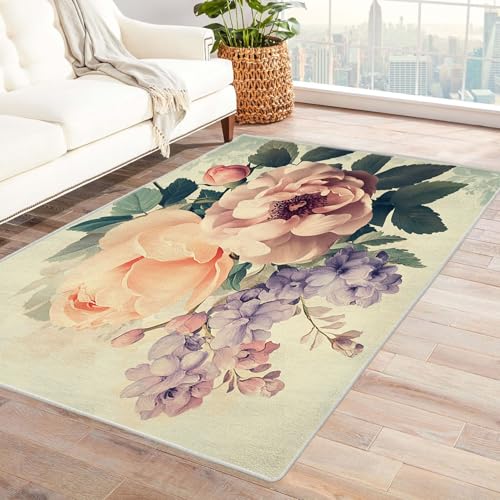 AMXBZC Wohnzimmerteppich mit Soft-Touch-Kurzflor Natürliche süße Wildblumen In & Outdoor Teppich Küchenteppich Terrassenteppich Muster Boho Moderne Deko(rosa)-60x90cm von AMXBZC