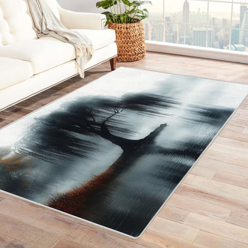 AMXBZC Wohnzimmerteppich mit Soft-Touch-Kurzflor Natur Seeufer Bäume Landschaft In & Outdoor Teppich Küchenteppich Terrassenteppich Muster Boho Moderne Deko(Schwarz 30)-90x120cm von AMXBZC