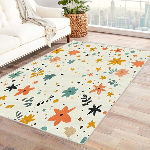 AMXBZC Wohnzimmerteppich mit Soft-Touch-Kurzflor Niedliches Mädchen Blumenmuster In & Outdoor Teppich Küchenteppich Terrassenteppich Muster Boho Moderne Deko(Orange)-90x120cm von AMXBZC