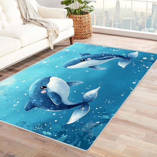AMXBZC Wohnzimmerteppich mit Soft-Touch-Kurzflor Niedliches Ozean-Delfin-Mädchen In & Outdoor Teppich Küchenteppich Terrassenteppich Muster Boho Moderne Deko(Blau 60)-180x270cm von AMXBZC