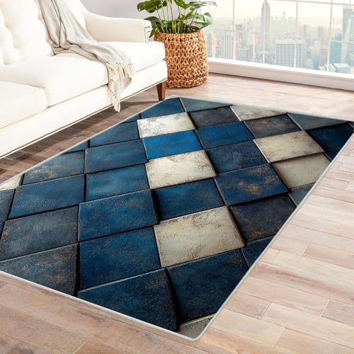 AMXBZC Wohnzimmerteppich mit Soft-Touch-Kurzflor Retro Geometrisches Muster In & Outdoor Teppich Küchenteppich Terrassenteppich Muster Boho Moderne Deko(Blau 10)-60x90cm von AMXBZC