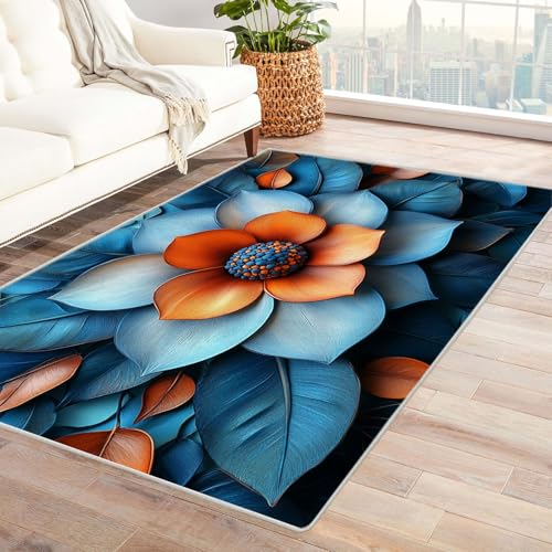 AMXBZC Wohnzimmerteppich mit Soft-Touch-Kurzflor Retro Moderne Blumen In & Outdoor Teppich Küchenteppich Terrassenteppich Muster Boho Moderne Deko(Blau 10)-120x150cm von AMXBZC
