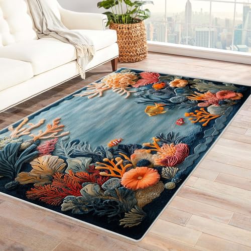AMXBZC Wohnzimmerteppich mit Soft-Touch-Kurzflor Retro Ozean Pflanzen Blumen In & Outdoor Teppich Küchenteppich Terrassenteppich Muster Boho Moderne Deko(rot)-240x300cm von AMXBZC