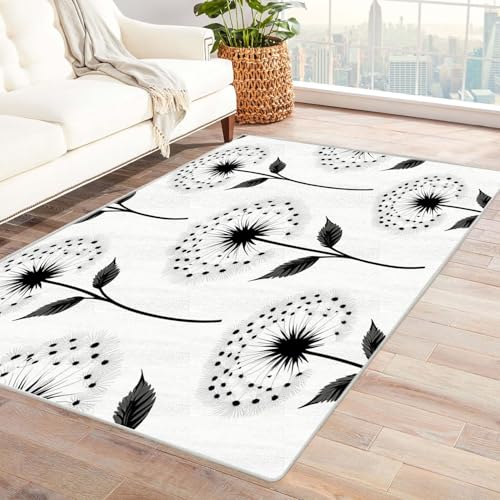 AMXBZC Wohnzimmerteppich mit Soft-Touch-Kurzflor Schwarze und weiße Pflanzen In & Outdoor Teppich Küchenteppich Terrassenteppich Muster Boho Moderne Deko(weiß)-210x270cm von AMXBZC