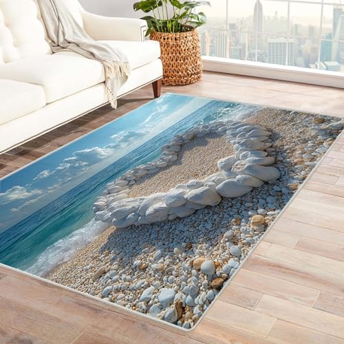 AMXBZC Wohnzimmerteppich mit Soft-Touch-Kurzflor Strand schöne Landschaft In & Outdoor Teppich Küchenteppich Terrassenteppich Muster Boho Moderne Deko(weiß)-150x180cm von AMXBZC