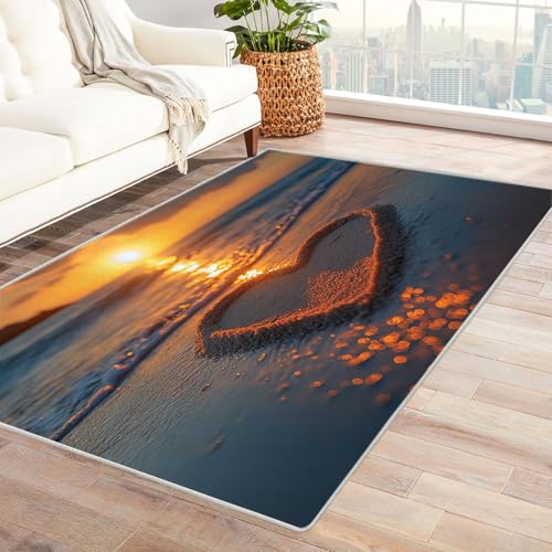 AMXBZC Wohnzimmerteppich mit Soft-Touch-Kurzflor Strandliebe Sonnenuntergang Muster In & Outdoor Teppich Küchenteppich Terrassenteppich Muster Boho Moderne Deko(Gelb)-90x120cm von AMXBZC
