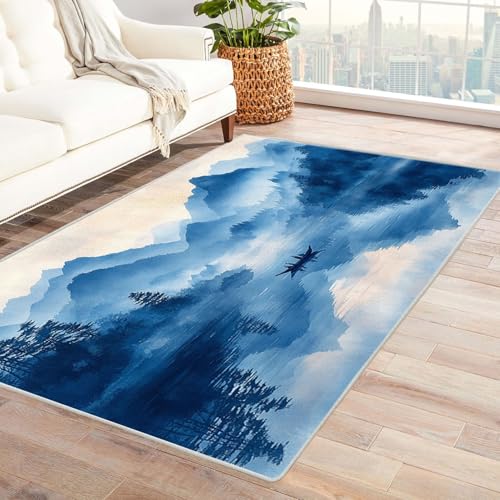 AMXBZC Wohnzimmerteppich mit Soft-Touch-Kurzflor Tinte Querformat Muster In & Outdoor Teppich Küchenteppich Terrassenteppich Muster Boho Moderne Deko(Blau 70)-60x90cm von AMXBZC