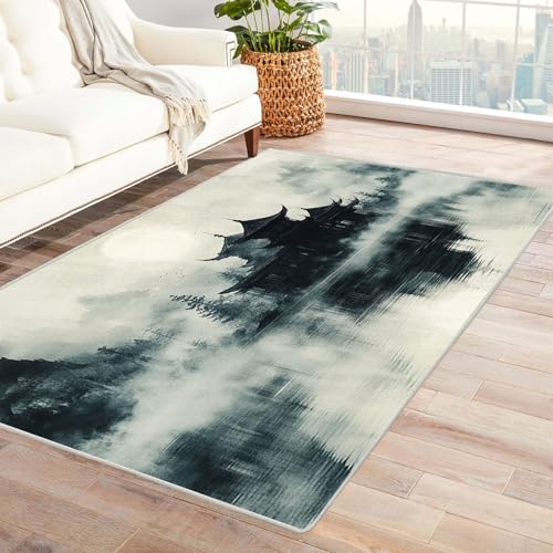 AMXBZC Wohnzimmerteppich mit Soft-Touch-Kurzflor Tusche Landschaftsmalerei In & Outdoor Teppich Küchenteppich Terrassenteppich Muster Boho Moderne Deko(Schwarz 10)-90x150cm von AMXBZC