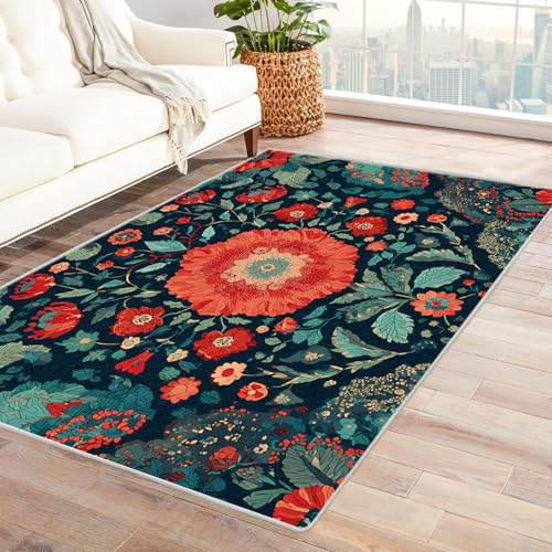 AMXBZC Wohnzimmerteppich mit Soft-Touch-Kurzflor Vintage Abstraktes Blumenmuster In & Outdoor Teppich Küchenteppich Terrassenteppich Muster Boho Moderne Deko(rot)-60x90cm von AMXBZC