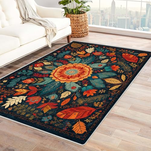 AMXBZC Wohnzimmerteppich mit Soft-Touch-Kurzflor Vintage Blumen Abstrakter Teppich In & Outdoor Teppich Küchenteppich Terrassenteppich Muster Boho Moderne Deko(rot)-60x90cm von AMXBZC