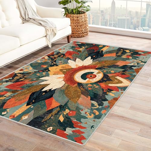 AMXBZC Wohnzimmerteppich mit Soft-Touch-Kurzflor Vintage Blumen Abstrakter Teppich In & Outdoor Teppich Küchenteppich Terrassenteppich Muster Boho Moderne Deko(rot)-60x90cm von AMXBZC