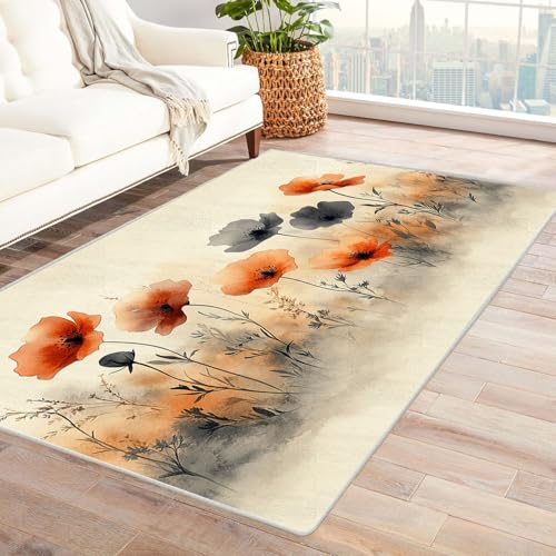 AMXBZC Wohnzimmerteppich mit Soft-Touch-Kurzflor Vintage Blumen Poster In & Outdoor Teppich Küchenteppich Terrassenteppich Muster Boho Moderne Deko(rot)-90x120cm von AMXBZC