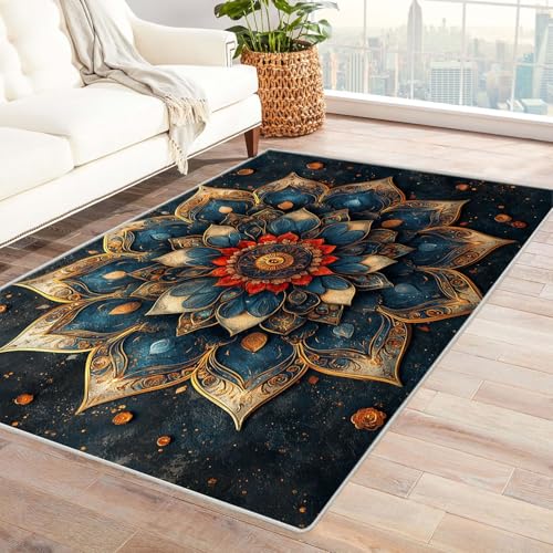 AMXBZC Wohnzimmerteppich mit Soft-Touch-Kurzflor Vintage Blumenmuster In & Outdoor Teppich Küchenteppich Terrassenteppich Muster Boho Moderne Deko(Gold 10)-150x210cm von AMXBZC