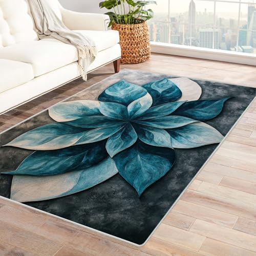 AMXBZC Wohnzimmerteppich mit Soft-Touch-Kurzflor Vintage Blumenmuster In & Outdoor Teppich Küchenteppich Terrassenteppich Muster Boho Moderne Deko(blau)-210x270cm von AMXBZC