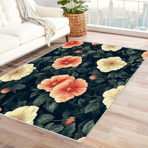 AMXBZC Wohnzimmerteppich mit Soft-Touch-Kurzflor Vintage Blumenmuster In & Outdoor Teppich Küchenteppich Terrassenteppich Muster Boho Moderne Deko(rosa)-60x90cm von AMXBZC