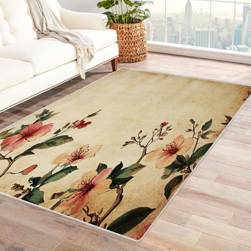 AMXBZC Wohnzimmerteppich mit Soft-Touch-Kurzflor Vintage Natürliche Blumen In & Outdoor Teppich Küchenteppich Terrassenteppich Muster Boho Moderne Deko(beige)-120x150cm von AMXBZC