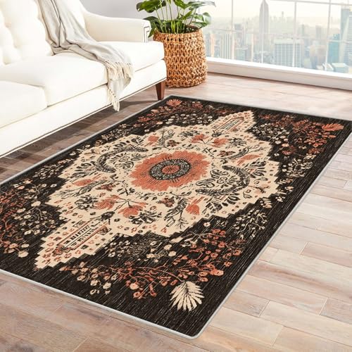 AMXBZC Wohnzimmerteppich mit Soft-Touch-Kurzflor Vintage Teppich mit Blumenmuster In & Outdoor Teppich Küchenteppich Terrassenteppich Muster Boho Moderne Deko(schwarz)-60x90cm von AMXBZC