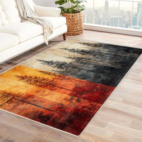 AMXBZC Wohnzimmerteppich mit Soft-Touch-Kurzflor Vintage abstraktes Baummuster In & Outdoor Teppich Küchenteppich Terrassenteppich Muster Boho Moderne Deko(Orange)-180x270cm von AMXBZC
